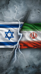 Flags of Israel and Iran symbolize tension, struck by lightning Vertical Mobile Wallpaper