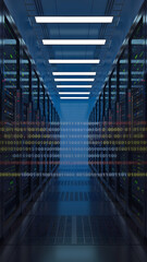 Dark server racks illuminate with binary numbers in a modern setting Vertical Mobile Wallpaper