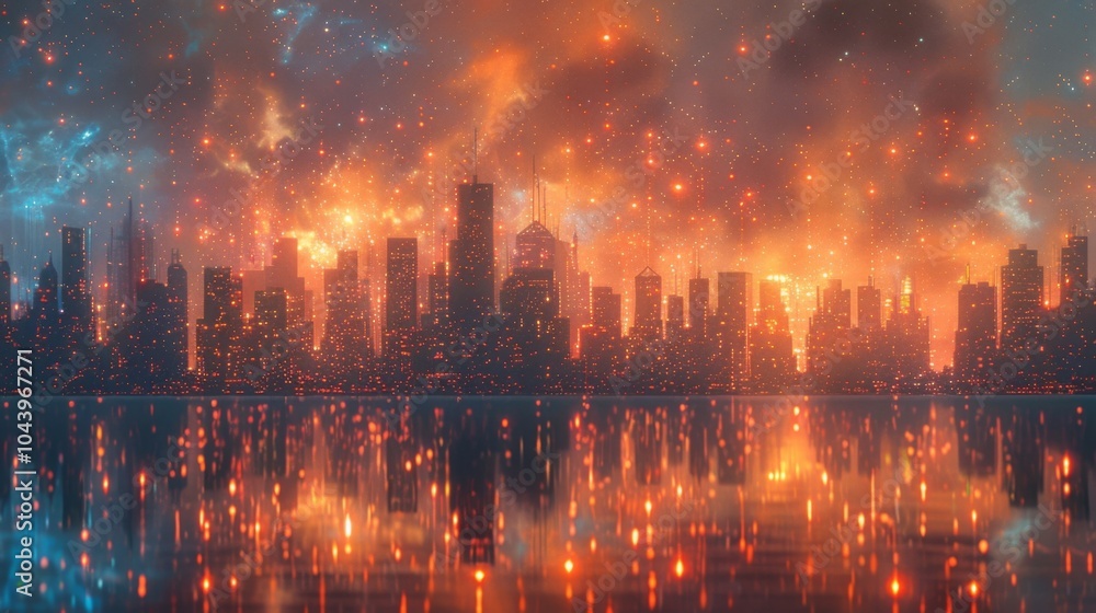 Poster a city skyline is depicted with multiple glowing outlines each representing a parallel universe with
