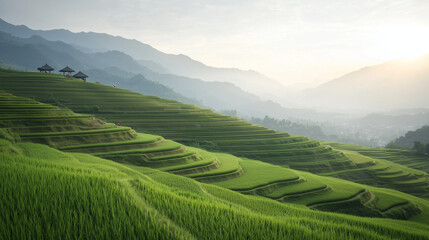 Fototapeta premium Farmers Harvesting Rice in Mountainous Terraced Fields