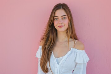 Fototapeta premium Casual Portrait of a Young Woman Against a Soft Pink Background for Fashion and Lifestyle Design
