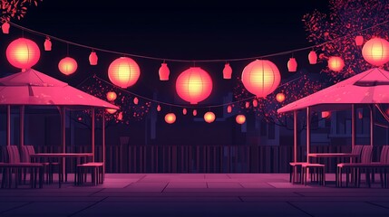 Obraz premium Nighttime Terrace with Red Lanterns and Empty Tables.