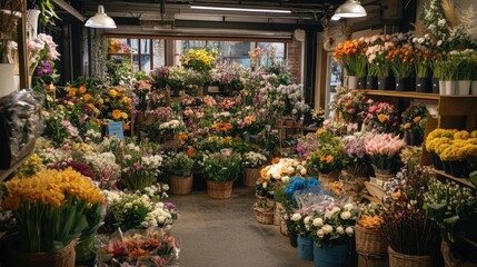 Fototapeta premium A wide shot of a busy florist shop, filled with fresh flowers, baskets, and floral arrangements in various stages of completion.