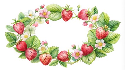 Close-up watercolor painting of strawberry chaplet with delicate greenery and pink flowers