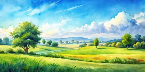 Close-Up Watercolor painting, summery countryside landscape, green field, blue sky