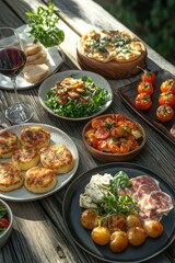 Obraz premium A vibrant assortment of Mediterranean dishes served with red wine on a wooden table at dinner