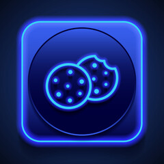Cookie simple icon vector. Flat design. Blue neon style on button. With shadow