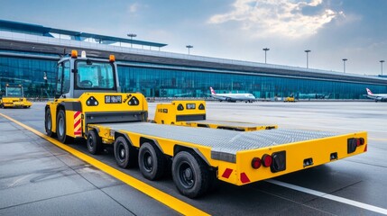 Tow tractor pulling luggage carts at airport apron
