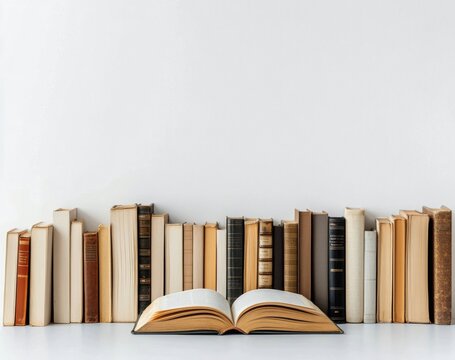 A collection of vintage books with an open book in front on a white background