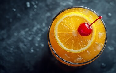 Refreshing orange cocktail topped with a cherry and lemon slice on a dark surface