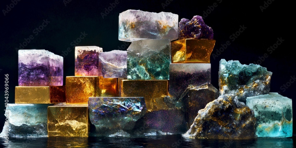 Poster a stunning collection of colorful crystal blocks in various shapes. each crystal features unique pat