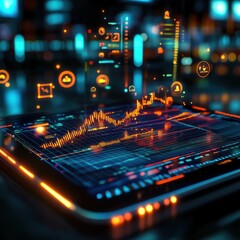 A futuristic digital tablet displaying complex data analytics and vibrant graphical representations of information.