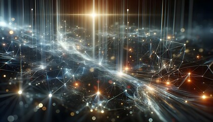Abstract Representation of Data Flowing as Light Streams Connecting Nodes in a Vast Tech and Communication Network.