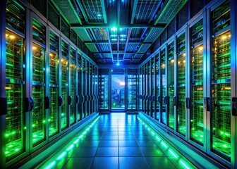 Fototapeta premium Low Light Cloud Computing Server Room with Glowing Rack Servers and Cables for Technology and Data Storage Imagery