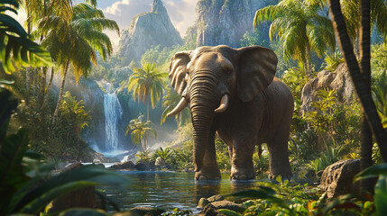 Fototapeta premium Exotic landscape illustration with fauna highlights
