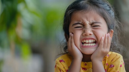 Close-up of a Young Girl in Pain, Suffering from Toothache, Expressing Discomfort and Holding Her Cheeks
