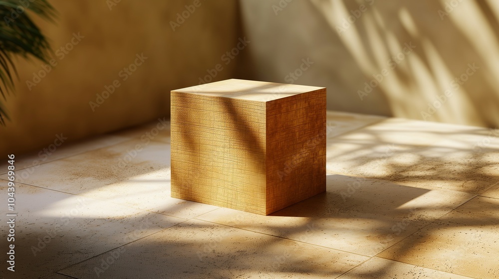 Poster cube of wood on tiled floor indoors banner background copy space. handmade podium for product image 