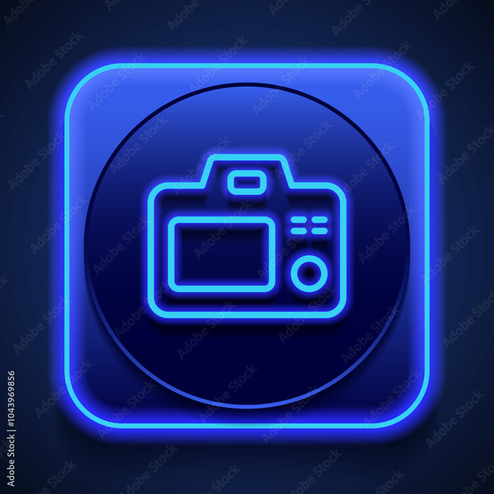 Poster camera simple icon vector. flat design. blue neon style on button. with shadow