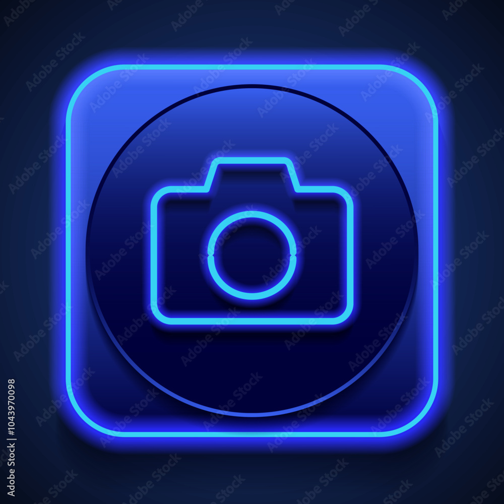 Poster camera logo simple icon vector. flat design. blue neon style on button. with shadow