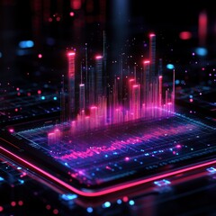Futuristic digital visualization of sound waves in vibrant pink and blue colors over a circuit board.