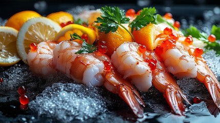 Close-Up of Shrimp on Dark Background, Seafood Banner with Copy Space