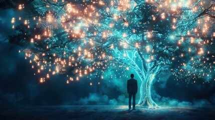 Innovative Business Growth and Sustainability Concept with Glowing Tree of Ideas