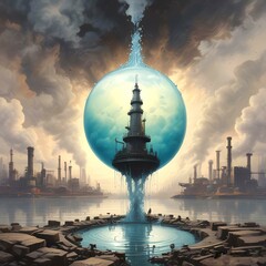 Illustration of water pollution with industry.
