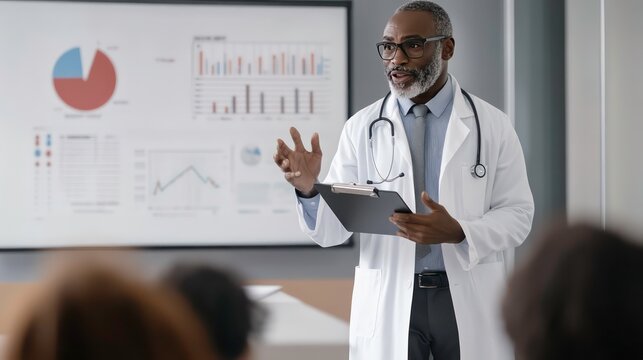 A doctor in a white coat gives a presentation to a group of people in a conference room.