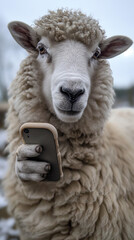 Obraz premium Sheep holding a smartphone in a field. 