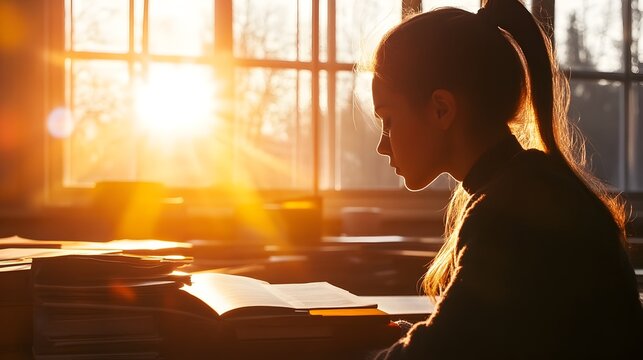 Thoughtful Student Silhouetted by Bright Classroom Background