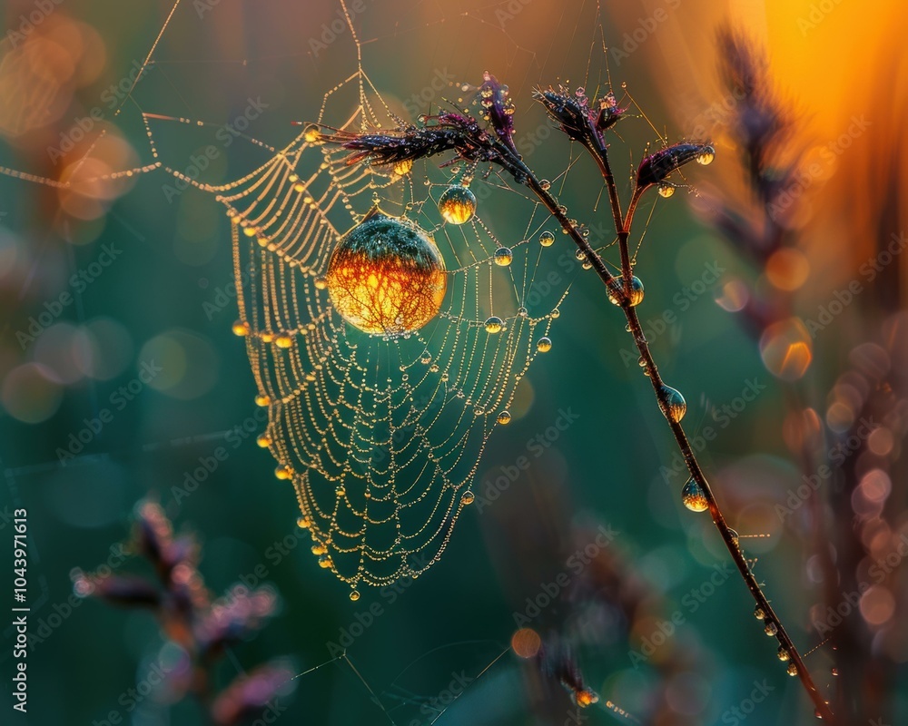 Wall mural Dewdrops on a spiderweb at sunrise. AI.