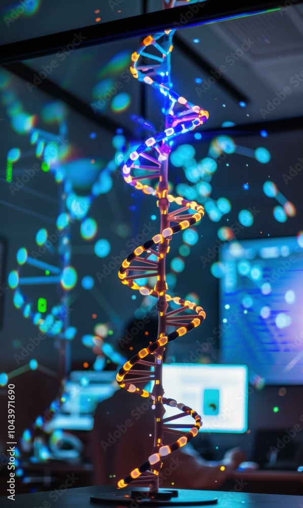 Poster a glowing dna model in a room with a computer screen in the background. ai.