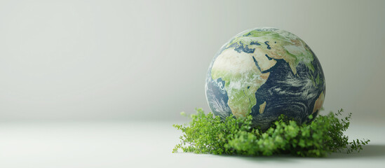 Planet Earth model resting on fresh green moss with Africa continent visible against light gray background in environmental concept