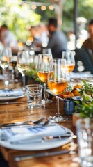 outdoor celebration featuring elegant table settings, wine glasses, vibrant atmosphere, for summer evening gathering with friends