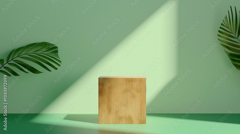 Poster cube wooden stand near green wall banner background copy space. showcasing stand with palm leaves im