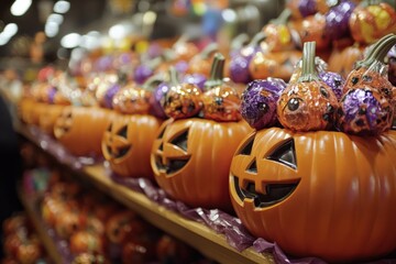 Fototapeta premium Halloween Chocolate: Assorted Candy in Decorative Pumpkins by Mars & Hershey, October 31 Holiday Treat