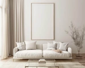 「白い壁、白いソファ、カーテン、装飾品のあるミニマルスタイルのリビングルームインテリア。3Dレンダリング」