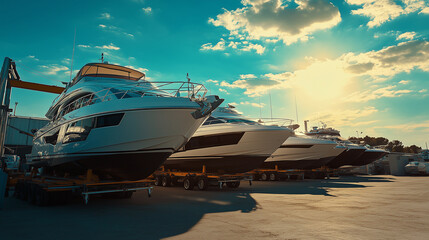 Fototapeta premium A row of boats are parked in a marina, with one of them being a large yacht