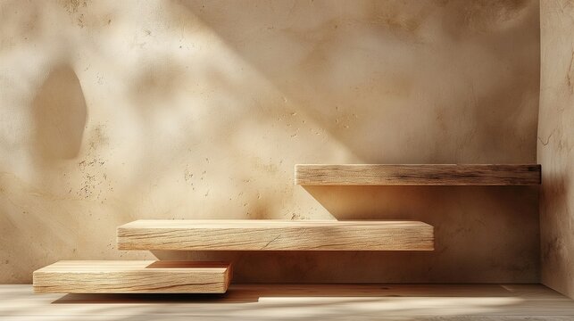 Minimalist wooden shelves on stone wall banner background copy space. Step podium indoors image backdrop empty. Stylish products demonstration concept composition front view, copyspace