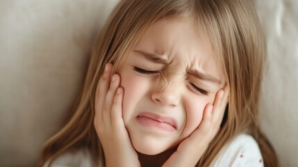 Fototapeta premium Close-up of a Little Girl Holding Her Cheeks in Pain, Suffering from Toothache with a Grimacing Expression