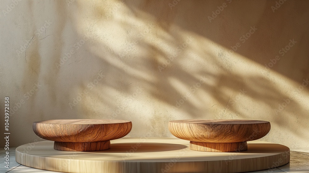 Poster round stands for products in shady room banner background copy space. podiums of natural timber imag