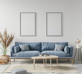 Fototapeta premium 青いソファ、木製のコーヒーテーブル、流行のインテリア、そして額縁のモックアップを配置したモダンスタイルのリビングルームインテリア。スタイリッシュなホームデザイン。