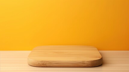 Vintage cutting board near orange wall banner background copy space. Kitchen equipment of wood material image backdrop empty. Product podium concept composition front view, copyspace