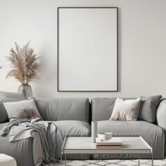 」 「灰色のソファの上の壁に飾られた白い写真フレームのモックアップを備えたミニマルなリビングルームインテリア。3Dレンダリング。