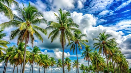 Cloudy blue sky with trees and coconut palms leading lines