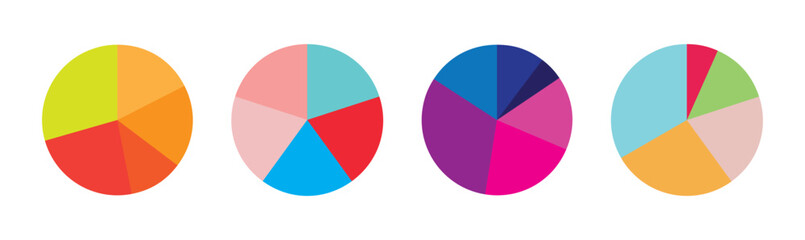 Fototapeta premium Pie chart infographic set. Circle diagram collection with sections or parts. Segmented circle icons for infographic, data analysis, web design, ui or presentation. Vector illustration.