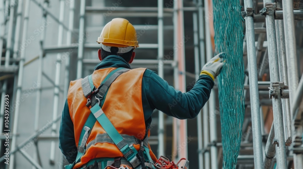 Poster construction worker inspecting scaffolding at a building site a glimpse into the industrial environm