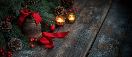 Festive decorations with bell, red ribbon, and candles create warm atmosphere