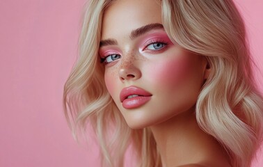 Naklejka premium A model poses against a vibrant pink background showcasing bold makeup styling