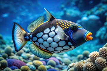 Obraz premium Clown triggerfish swimming at a tilted angle in blue ocean water